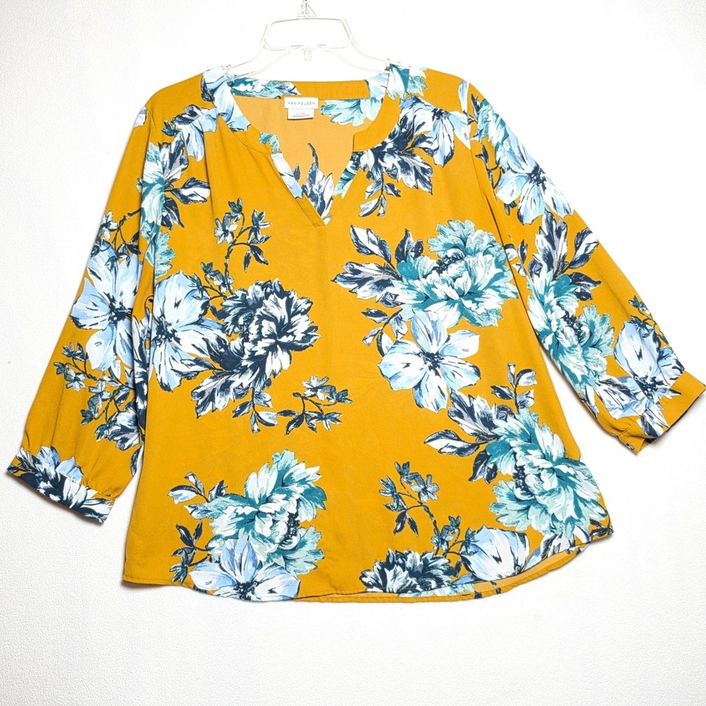 Van Heusen Womens Mustard Floral Drop Tail Blouse Blue White Large 1020